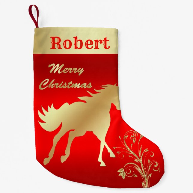 Meia De Natal Pequena Cavalo Dourado ocidental no vermelho (Frente)