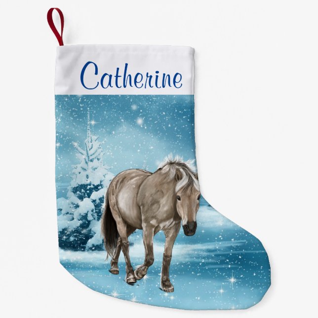 Meia De Natal Pequena Cavalo Na Cena De Inverno - Escória Personalizada  (Frente)