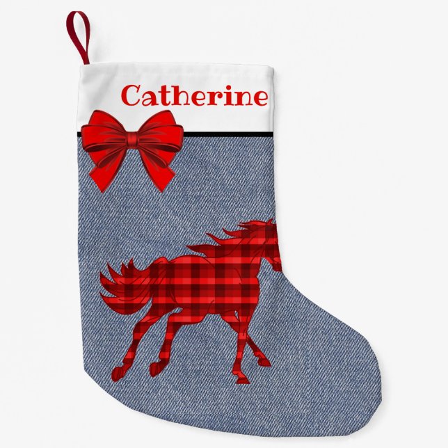 Meia De Natal Pequena Cavalo Vermelho Ocidental Da Xadrez Em Faux Denim (Frente)