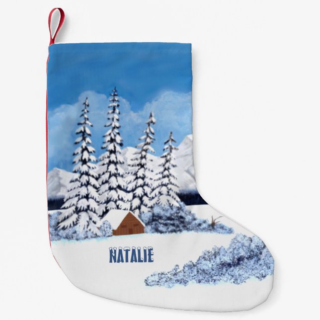 Meia De Natal Pequena Cena de inverno de neve (Frente)