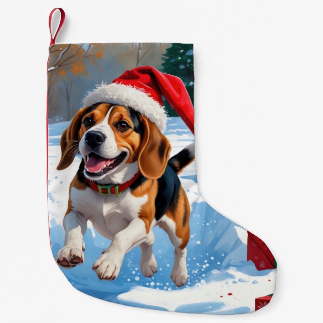 Meia De Natal Pequena Cena de Neve de Natal do Beagle (Frente)
