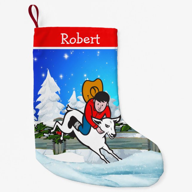 Meia De Natal Pequena Cena de Neve do Criança Mutton Buster do Rodeio Oc (Frente)