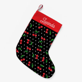 Meia De Natal Pequena Cerejas Vermelhas e Bolinhas Retro anos 50 Preto