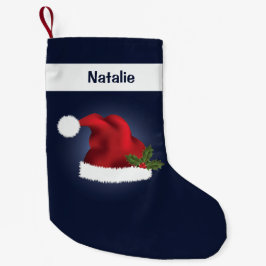Meia De Natal Pequena Chapéu de Natal Vermelho Festivo no Azul com Nome