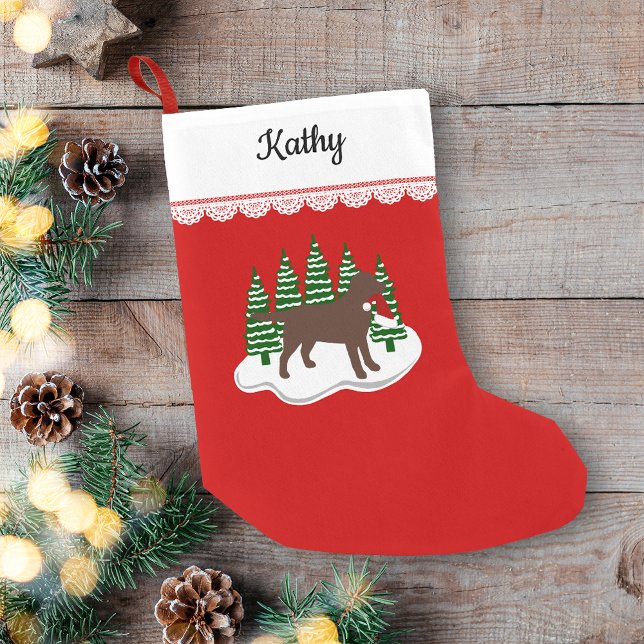 Meia De Natal Pequena Chocolate Labrador Natal Evergreen Trees (Personalized Chocolate Labrador Evergreen Trees Christmas Stocking for Labrador Owners.)