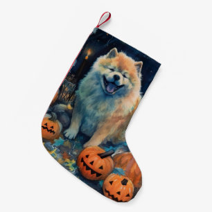 Meia De Natal Pequena Chow Chow de Halloween com Abóboras Assustador