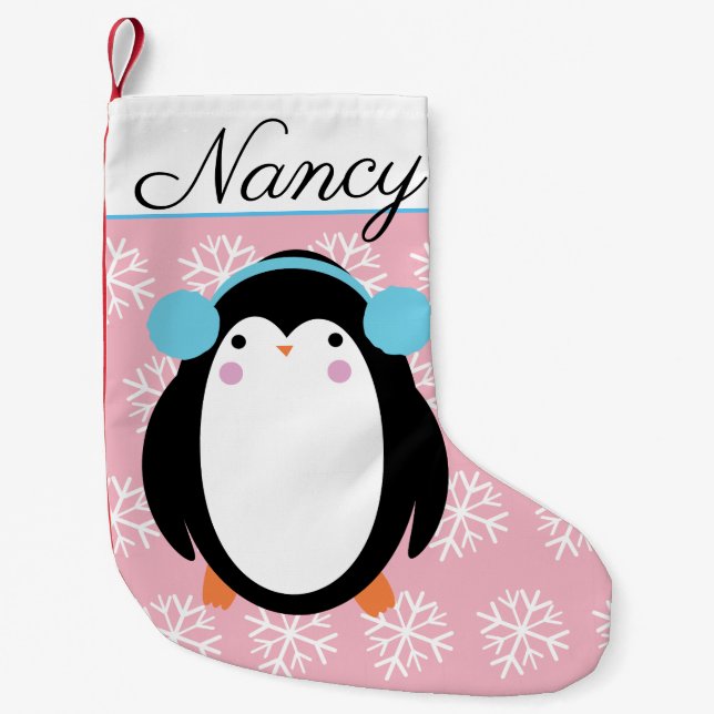 Meia De Natal Pequena Chubby Penguin Adorável com Flocos de Neve (Frente)