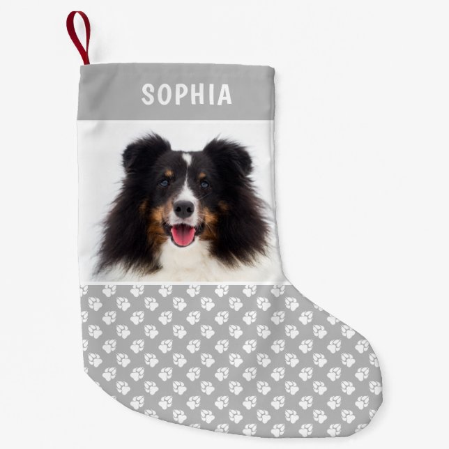 Meia De Natal Pequena Cinza White Dog Paws Personalizar Pet Photo Nome P (Frente)