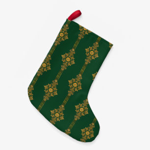 Meia De Natal Pequena Clássico Wm. Morris Poinsettia Verde Faixa Dourada