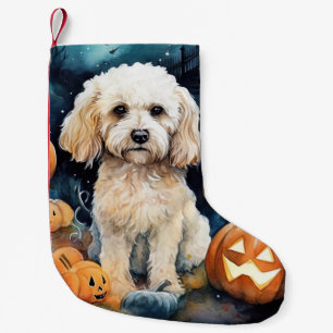 Meia De Natal Pequena Cockapoo De Halloween Com Pumpkins Assustado