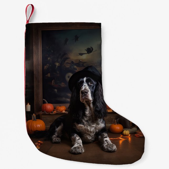 Meia De Natal Pequena Cocker Spaniel Inglês Abóboras Halloween Assustado (Frente)