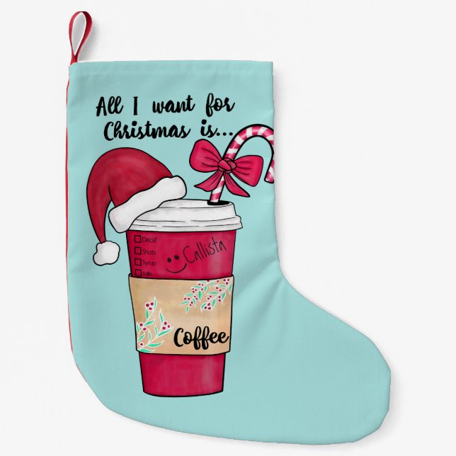 Meia De Natal Pequena Coffee Red Hat Coffee Candy Cane Natal (Frente)