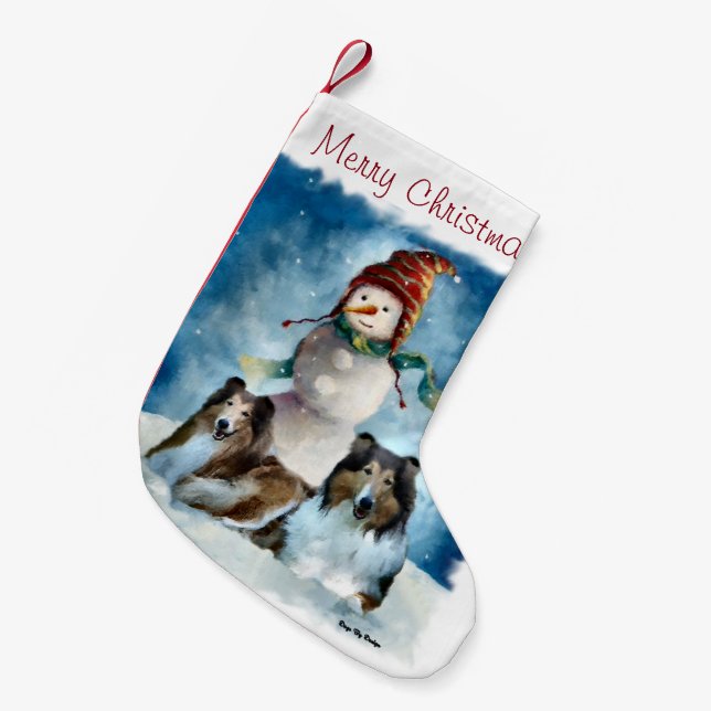 Meia De Natal Pequena Collies e Snowman Christmas (Frente (Pendurada))