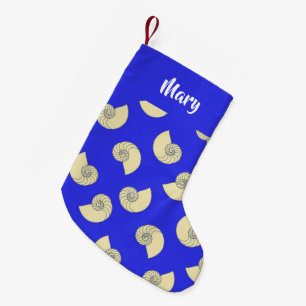 Meia De Natal Pequena Conchas de nome personalizado em azul