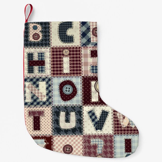 Meia De Natal Pequena Conjunto de letras alfabéticas no estilo de patch. (Frente)