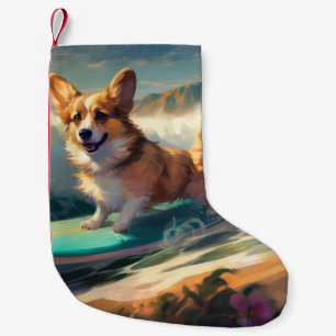 Meia De Natal Pequena Corgi Pintura de Surf na Praia
