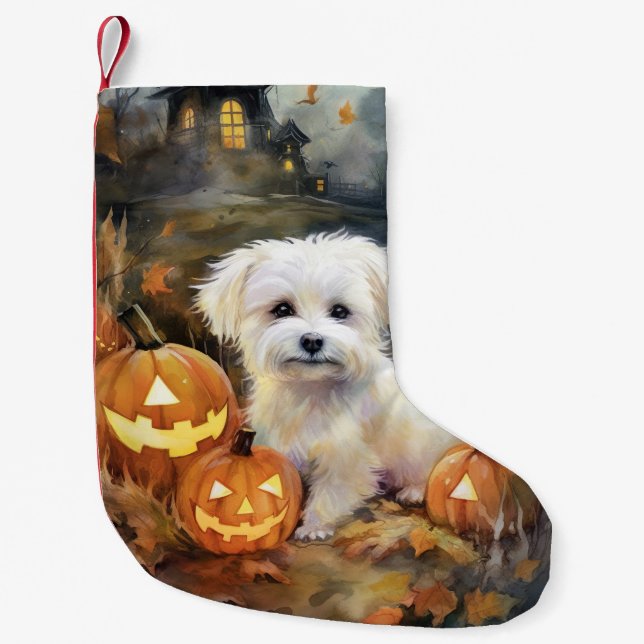 Meia De Natal Pequena Coton De Tulear de Halloween com Abóboras Assustad (Frente)