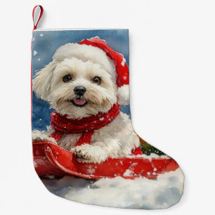 Meia De Natal Pequena Coton De Tulear no Trenó Deixe Nevar Natal