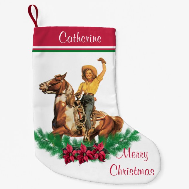Meia De Natal Pequena Cowgirl On Horse With Wreath Feliz Natal (Frente)
