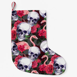 Meia De Natal Pequena Crânio floral, padrão uniforme de flamingo.