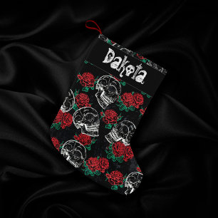 Meia De Natal Pequena Crânios e Rosas vermelhas   Grelha Gótica Moderna