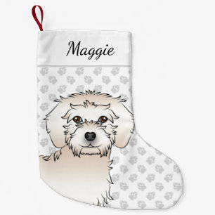 Meia De Natal Pequena Cream Mini Goldendoodle Cartoon Cabeça e Nome