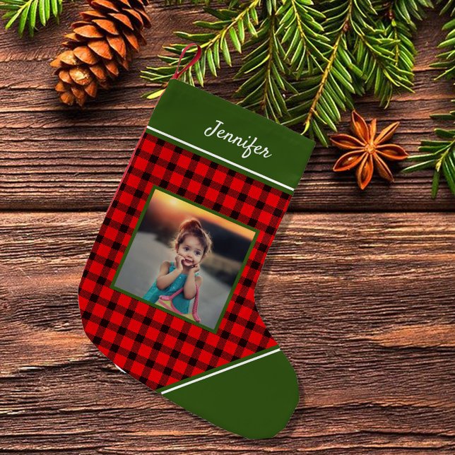 Meia De Natal Pequena Create your own buffalo plaid photo monogrammed (Create your own buffalo plaid photo monogrammed small christmas stocking.)
