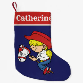 Meia De Natal Pequena Criança De Cowgirl Ocidental No Cavalo Stick