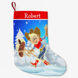 Meia De Natal Pequena Criança Do Cowboy Ocidental Na Cena De Inverno Do 