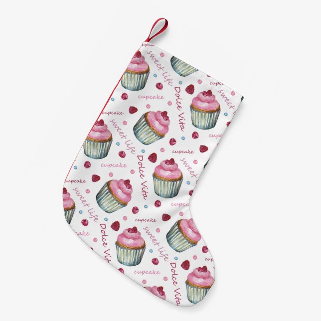 Meia De Natal Pequena Cupcakes de aquarela (Frente (Pendurada))