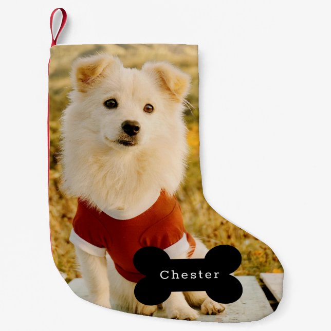 Meia De Natal Pequena Custom Dog Photo with Personalized Name  (Frente)