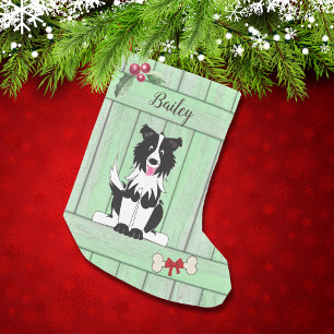 Meia De Natal Pequena Cute Border Collie Green Woodence Monograma