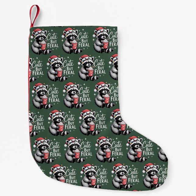Meia De Natal Pequena Cute But Feral Christmas Raccoon Funny Animal (Frente)
