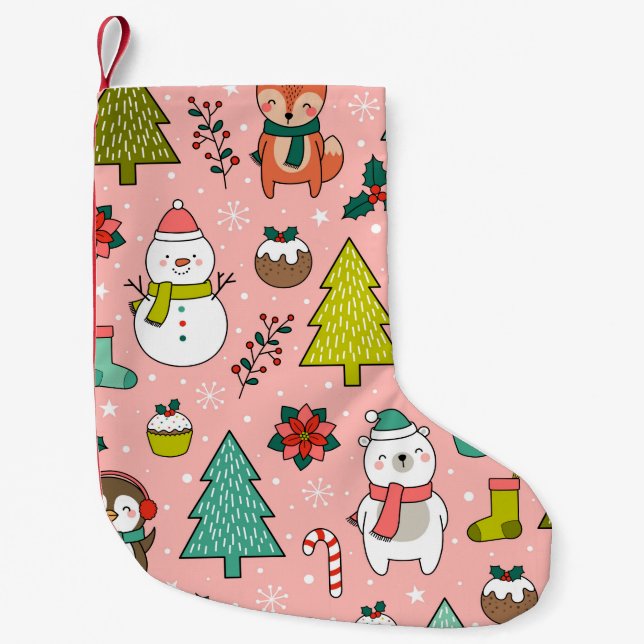 Meia De Natal Pequena Cute cartoon character, pine trees and christmas e (Frente)