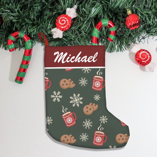 Meia De Natal Pequena Cute Snowflake Cookie & Ccoa - Padrão Verde (Add festive charm to your home with our stylish Christmas stockings, perfect for gifts & cozy decor!)