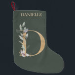 Meia De Natal Pequena D Monograma Floral Personalizado<br><div class="desc">Florial da letra D monograma. A letra D,  de textura castanha ouro,  acentuada com folhas compostas de cor aquosa verde,  flores e pó de ouro. Personalizado com o nome na fonte correspondente.</div>