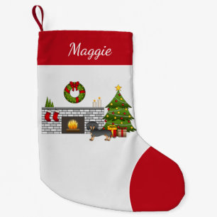 Meia De Natal Pequena Dachshund de pelo curto preto e bronzeado no quart