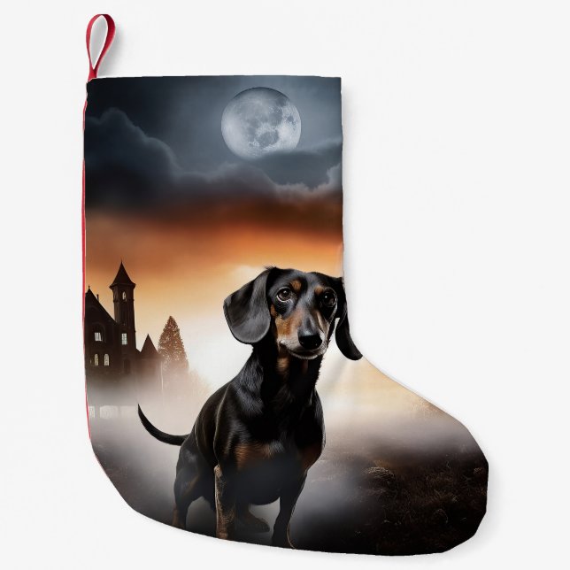 Meia De Natal Pequena Dachshund Halloween Scary (Frente)