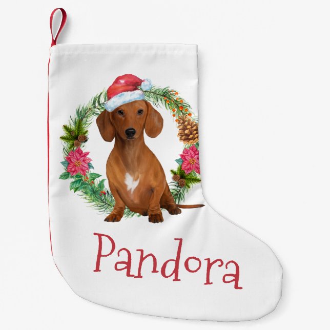 Meia De Natal Pequena Dachshund Papais noeis aquarela wreath hat DIY nam (Frente)
