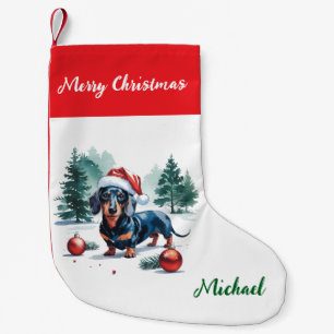 Meia De Natal Pequena Dachshund Personalizado com Chapéu de Papai Noel N