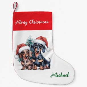 Meia De Natal Pequena Dachshund Personalizado com Chapéu de Papai Noel N
