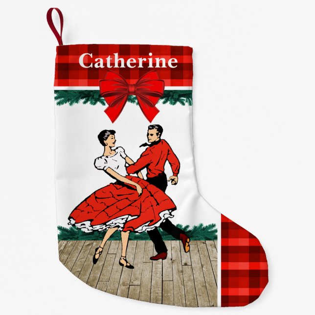 Meia De Natal Pequena Dançarinos quadrados com Xadrez vermelha (Frente)