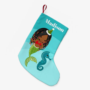 Meia De Natal Pequena Decoração da sereia afro-americana