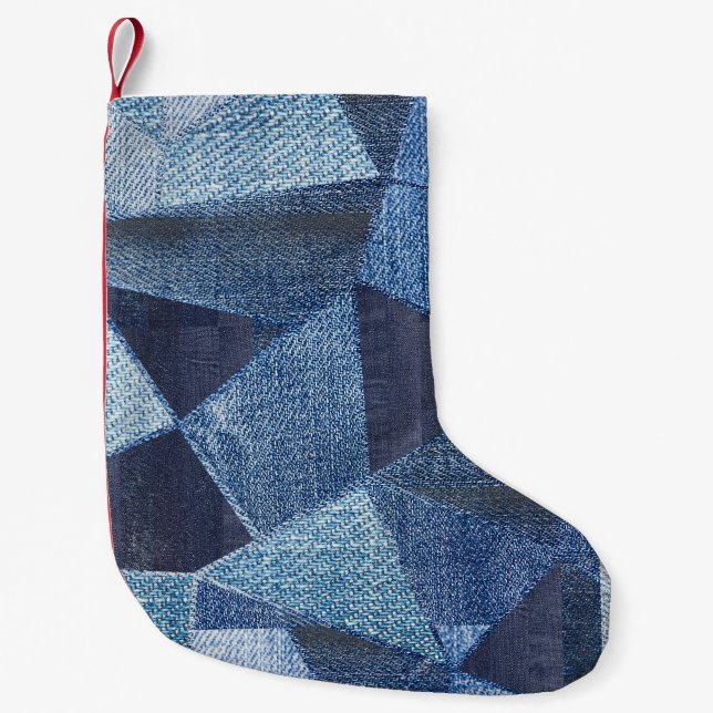 Meia De Natal Pequena Denim Urban: Patchwork Disparada. (Frente)