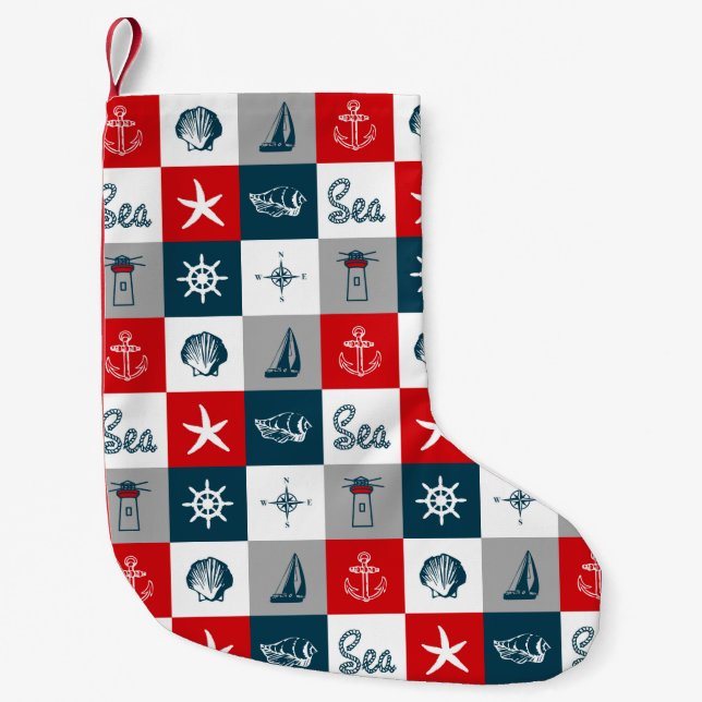 Meia De Natal Pequena Design com tema náutico (Frente)