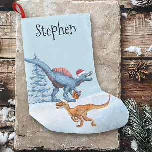 Meia De Natal Pequena Dinosaur Christmas Raptor Aquarela Nome 
