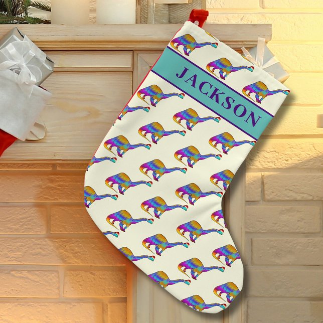 Meia De Natal Pequena Dinossauro de Natal do Nome do Menino Personalizad (Personalized boy name dinosaur Christmas stocking colorful brontosaurus dino pattern)
