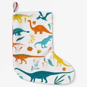 Meia De Natal Pequena Dinossauros estilizados, elementos florais, fofos.