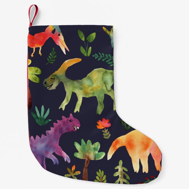Meia De Natal Pequena Dinossauros Florais: Design de Tecido de de Aquare (Frente)