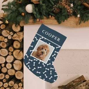 Meia De Natal Pequena Dog Photo Navy and White Dog Bone Pattern